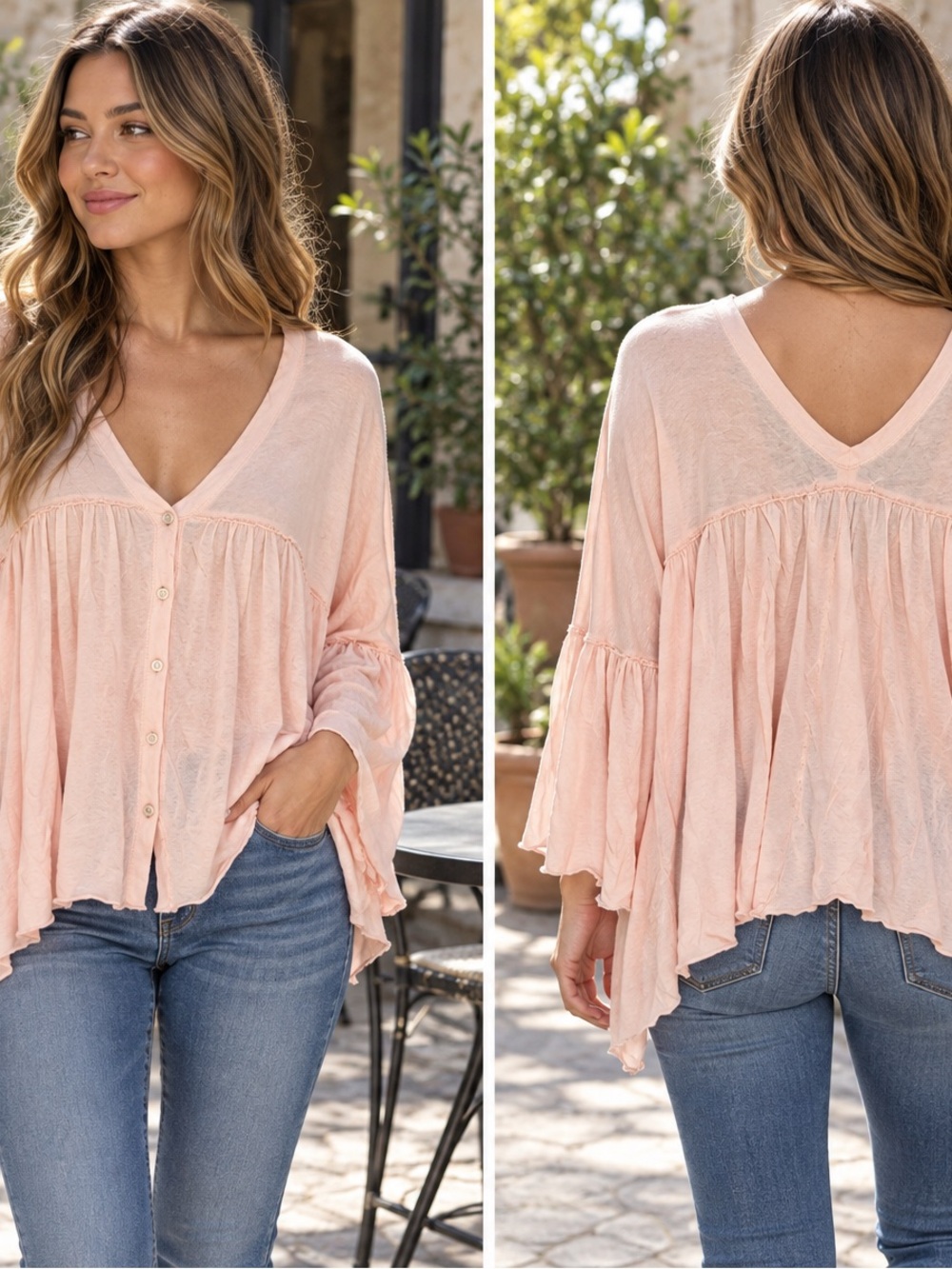 We The Free Light Pink Button-Front V-Neck Peasant Blouse
